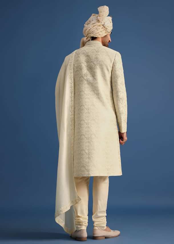 Cream Silk Sherwani Suit With Hand Work