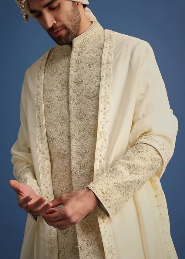 Cream Silk Sherwani Suit With Hand Work