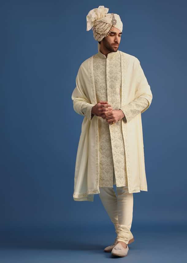 Cream Silk Sherwani Suit With Hand Work