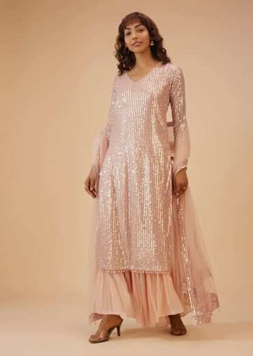 Salmon Pink Palazzo Suit In Sequins