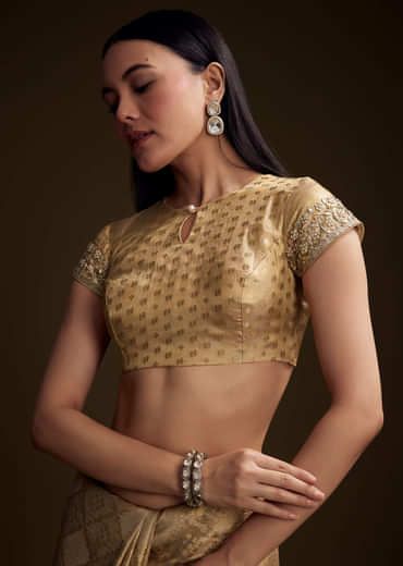 Cream Tissue Brocade Saree With Gotapatti And Moti Embroidery