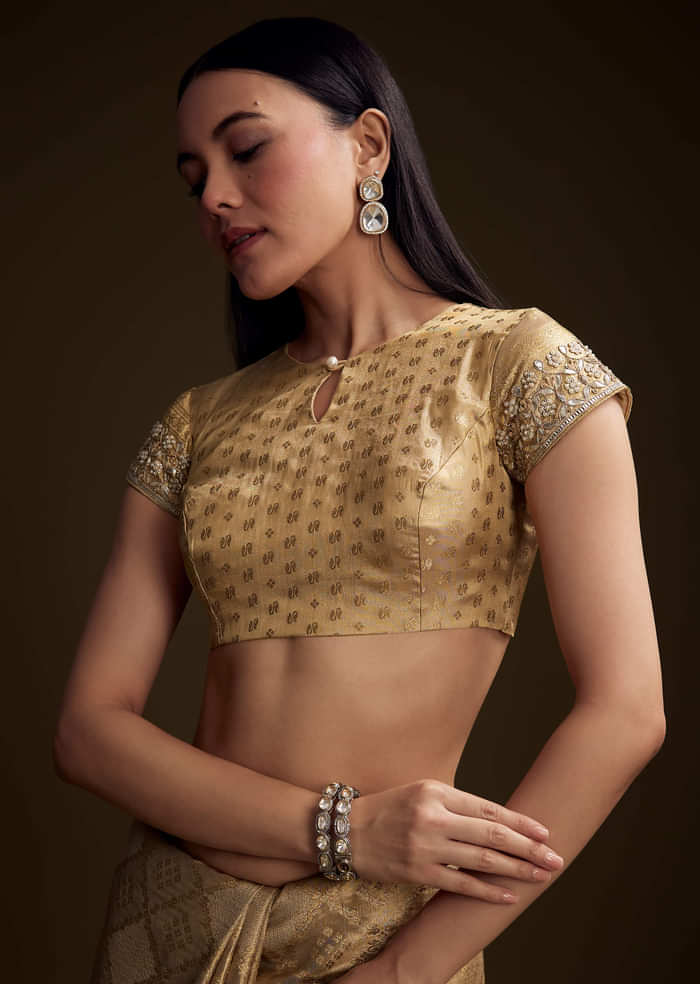 Cream Tissue Brocade Saree With Gotapatti And Moti Embroidery