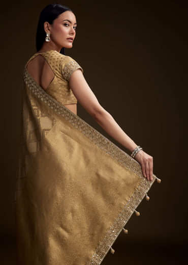 Cream Tissue Brocade Saree With Gotapatti And Moti Embroidery