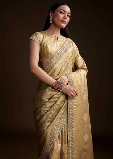 Cream Tissue Brocade Saree With Gotapatti And Moti Embroidery