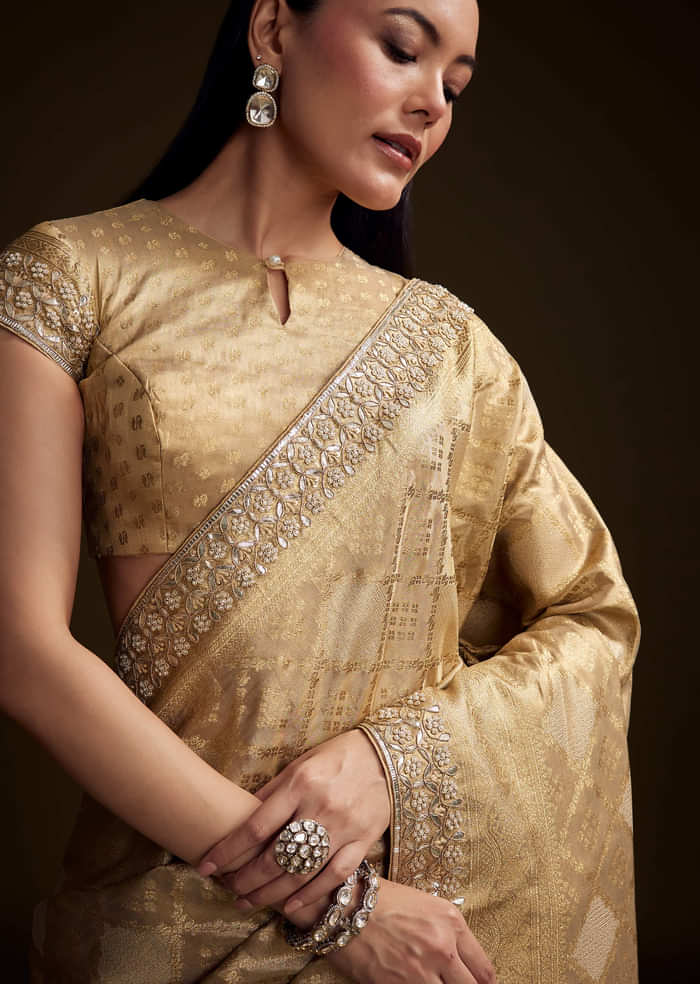 Cream Tissue Brocade Saree With Gotapatti And Moti Embroidery