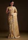 Cream Tissue Brocade Saree With Gotapatti And Moti Embroidery