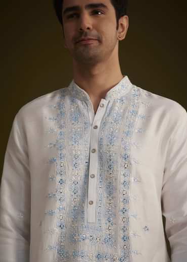 Cream To Blue Ombre Silk Kurta Set With Mirror Embroidery