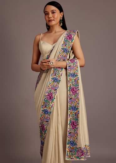 Cream Tussar Saree With Floral Embroidered Border