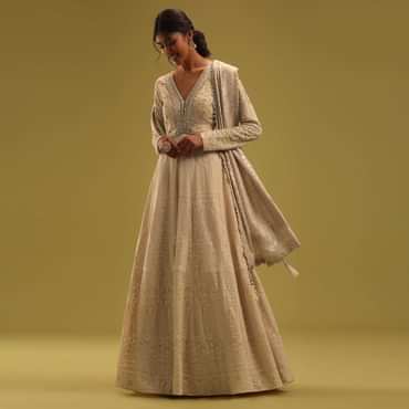 Cream White Anarkali Set In Georgette With Lucknowi Work