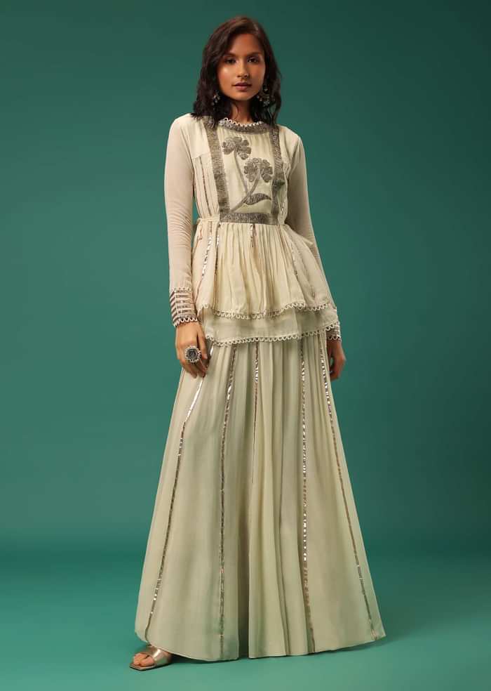 Cream White Embroidered Lehenga Set With Peplum Top In Georgette