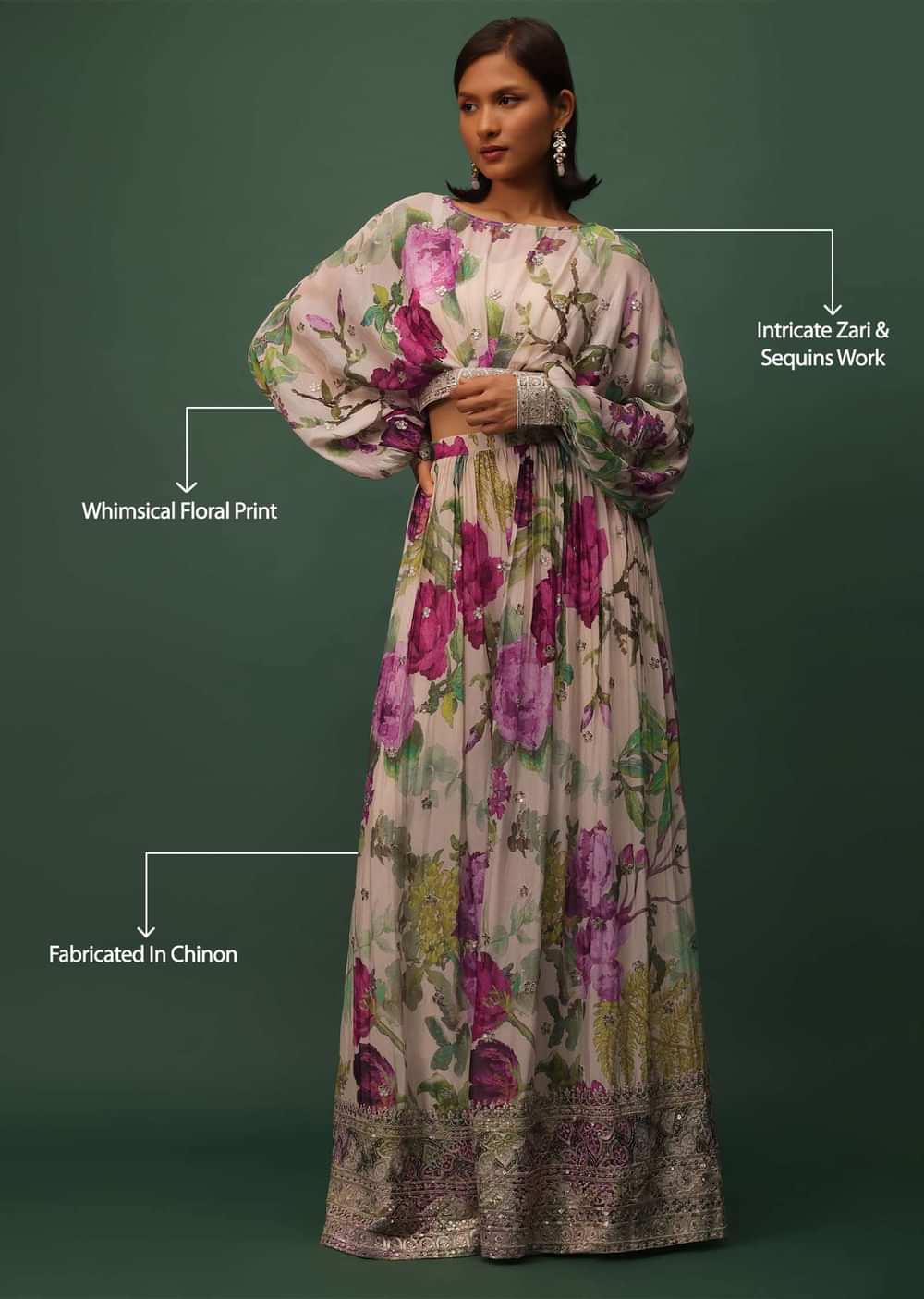 Cream White Floral Printed Top And Palazzo Set In Chinon With Sequins Work