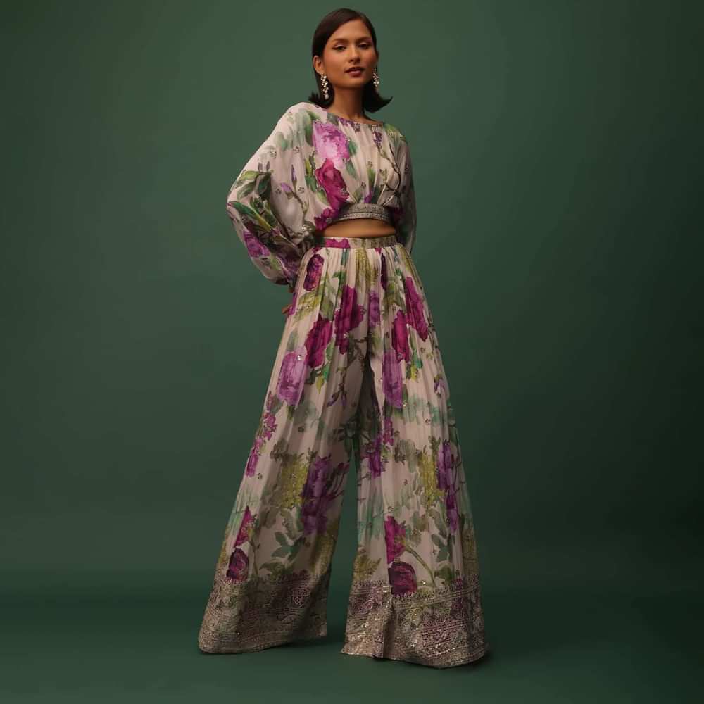 Cream White Floral Printed Top And Palazzo Set In Chinon With Sequins Work