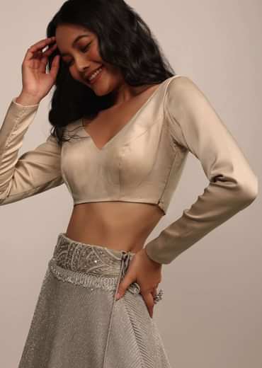 Cream White Full Sleeves Blouse in Satin With Roundish V Neckline