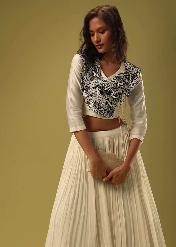 Cream White Georgette Skirt & Blouse Set With Resham Embroidery