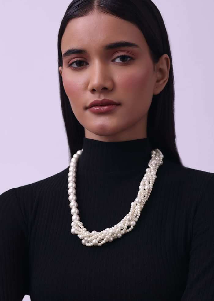 Cream White Long Mala Embellished with Mother Of Pearls