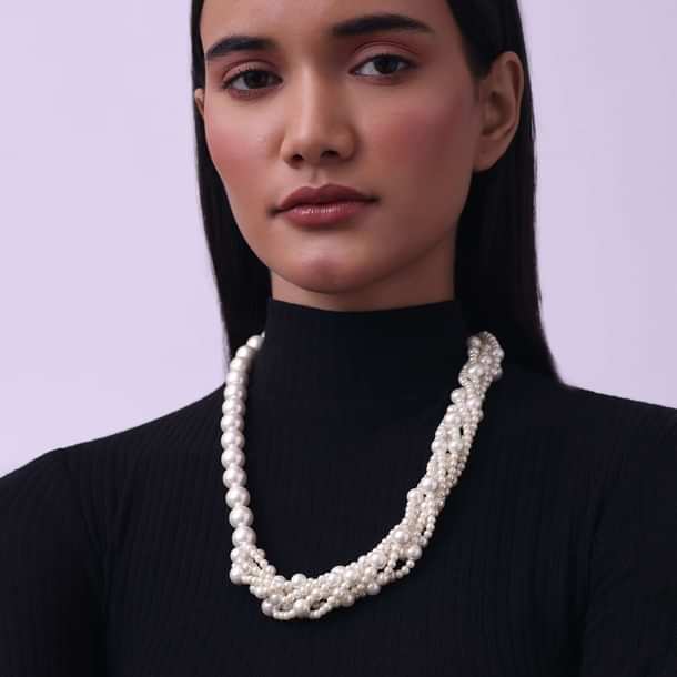 Cream White Long Mala Embellished with Mother Of Pearls