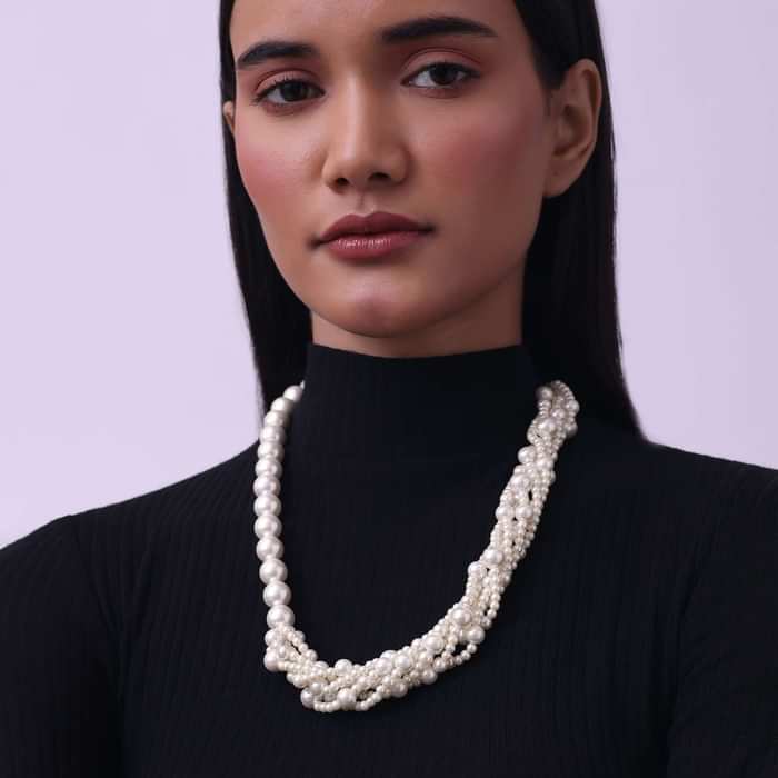 Cream White Long Mala Embellished with Mother Of Pearls
