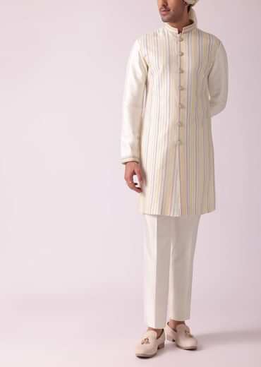 Cream White Printed Indowestern In Dupion Silk