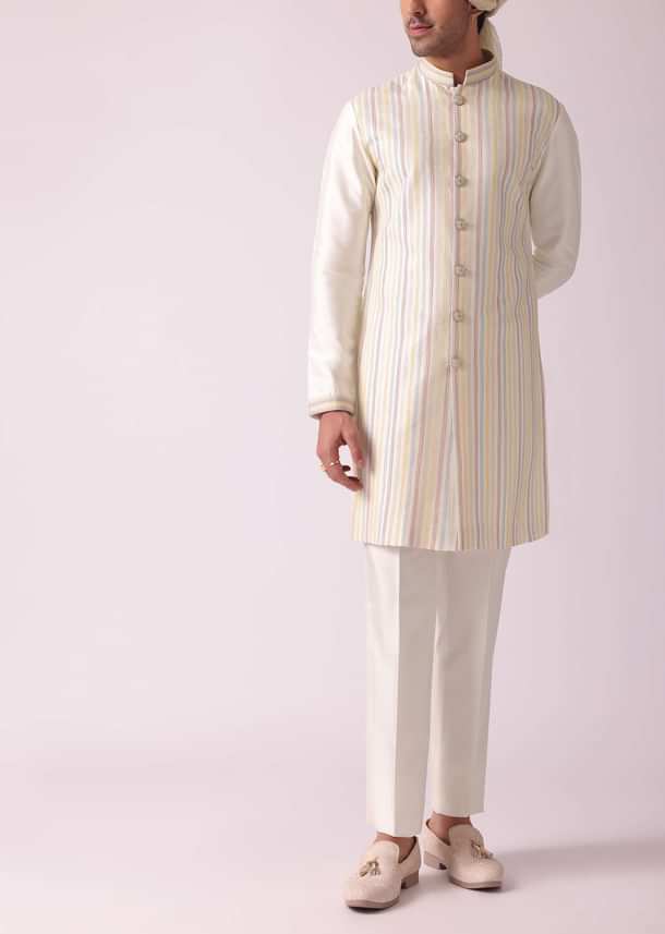 Cream White Printed Indowestern In Dupion Silk Cream White Printed Indowestern In Dupion Silk