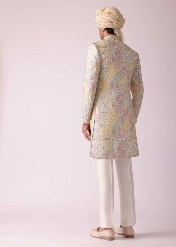 Cream White Printed Indowestern In Dupion Silk Cream White Printed Indowestern In Dupion Silk
