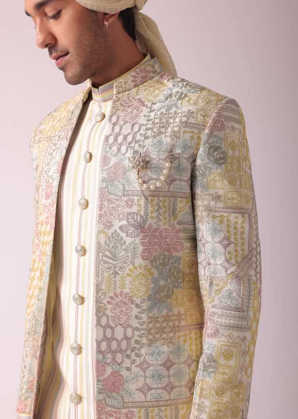 Cream White Printed Indowestern In Dupion Silk Cream White Printed Indowestern In Dupion Silk
