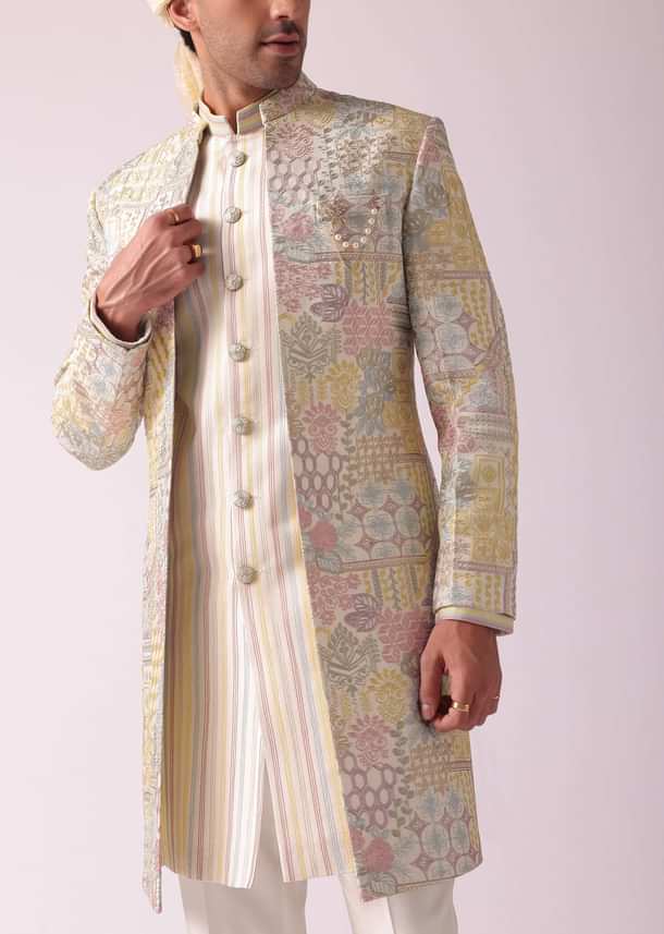 Cream White Printed Indowestern In Dupion Silk Cream White Printed Indowestern In Dupion Silk