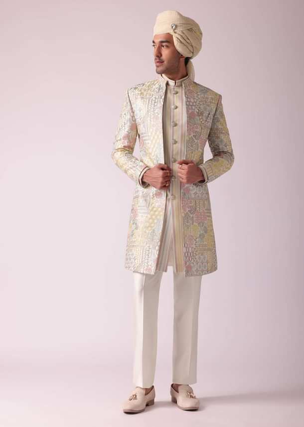 Cream White Printed Indowestern In Dupion Silk Cream White Printed Indowestern In Dupion Silk