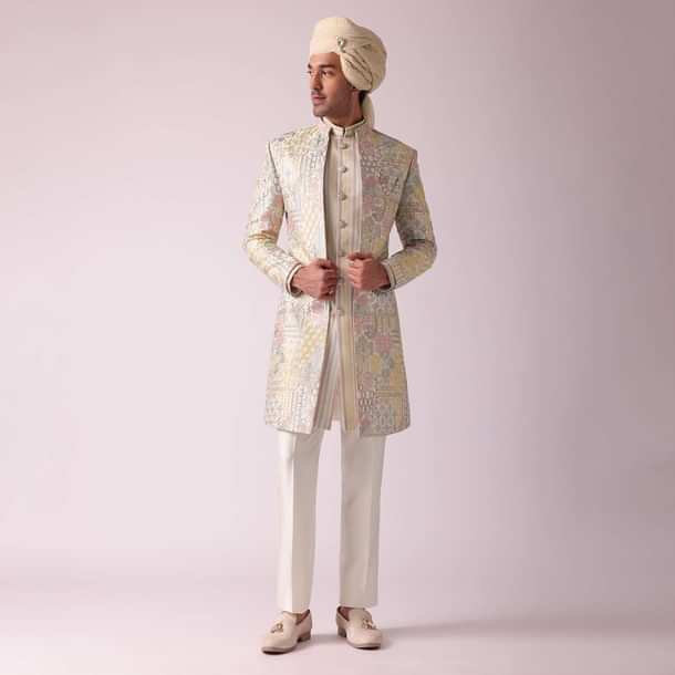 Cream White Printed Indowestern In Dupion Silk Cream White Printed Indowestern In Dupion Silk