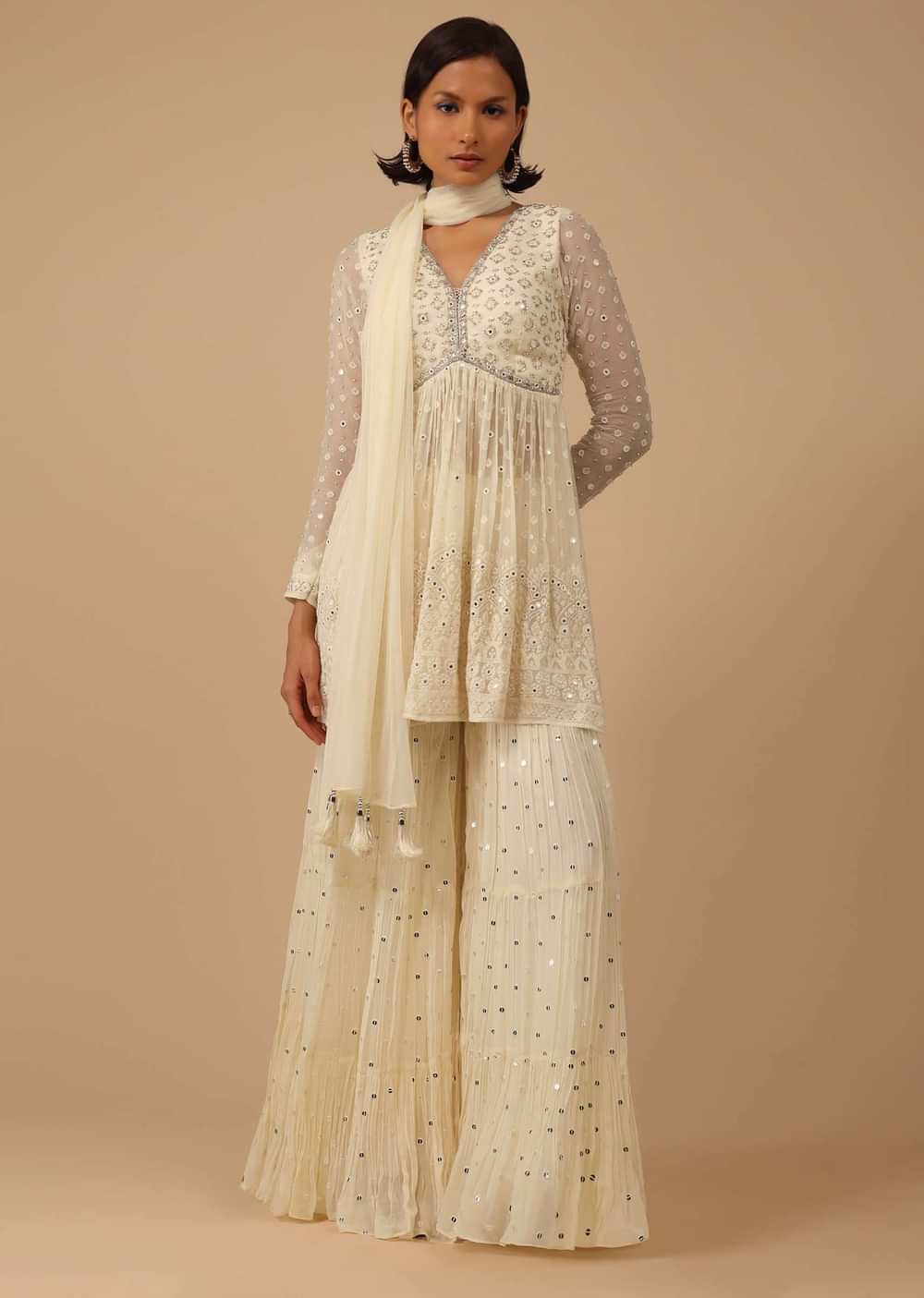 Cream White Sharara Suit Set In Georgette With Lucknowi Embroidery