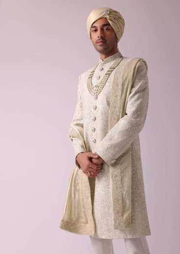 Cream White Silk Sherwani With Intricate Embroidery
