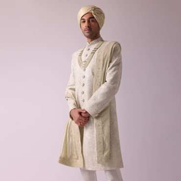 Cream White Silk Sherwani With Intricate Embroidery