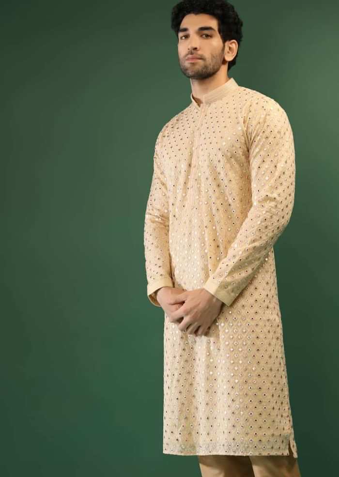 Cream Yellow Kurta Set In Georgette With Multi Colored Gotta Abla And Resham Embroidered Moroccan Jaal Design Online - Kalki Fashion