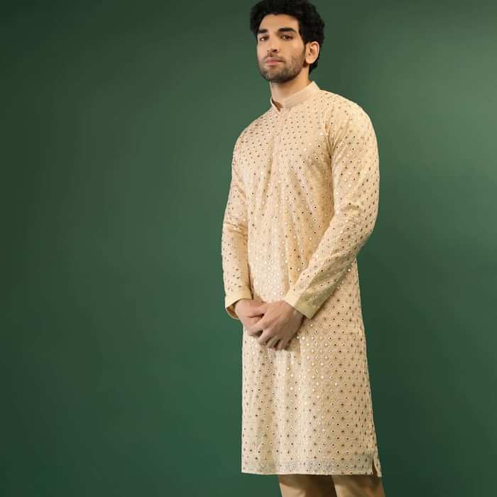 Cream Yellow Kurta Set In Georgette With Multi Colored Gotta Abla And Resham Embroidered Moroccan Jaal Design Online - Kalki Fashion