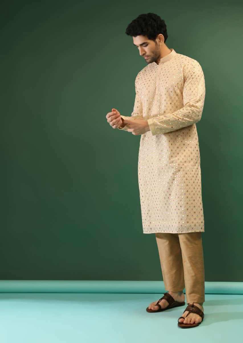 Cream Yellow Kurta Set In Georgette With Multi Colored Gotta Abla And Resham Embroidered Moroccan Jaal Design Online - Kalki Fashion