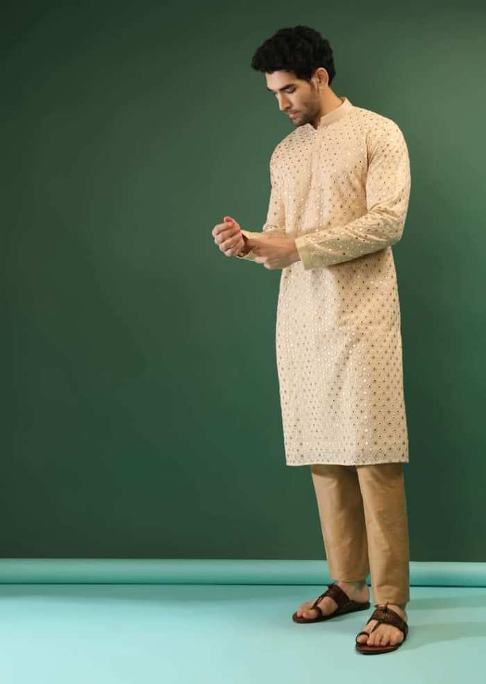 Cream Yellow Kurta Set In Georgette With Multi Colored Gotta Abla And Resham Embroidered Moroccan Jaal Design Online - Kalki Fashion