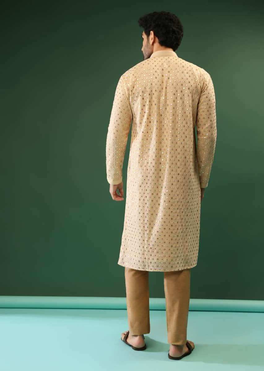 Cream Yellow Kurta Set In Georgette With Multi Colored Gotta Abla And Resham Embroidered Moroccan Jaal Design Online - Kalki Fashion