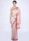 Creamish peach silk saree with contrasting red embroidered border only on Kalki