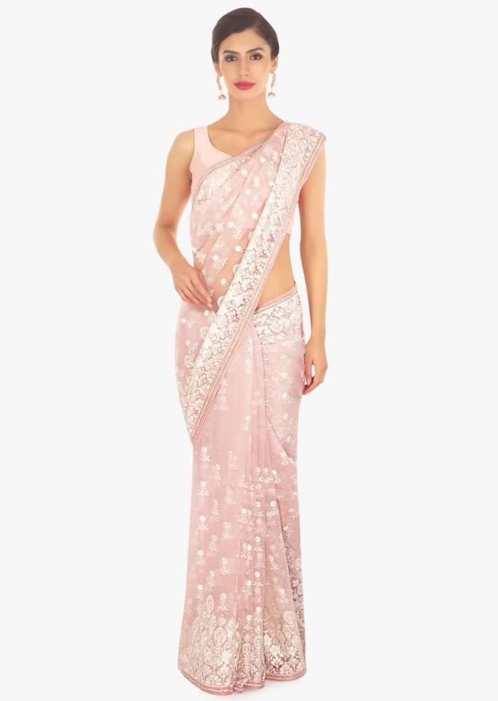 Crepe pink organza saree in white thread embroidered butti and border only on Kalki