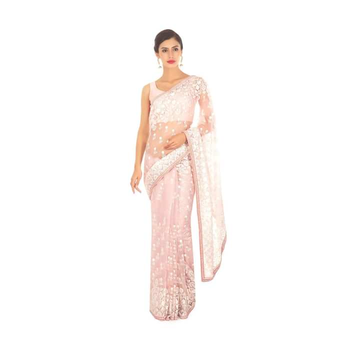 Crepe pink organza saree in white thread embroidered butti and border only on Kalki