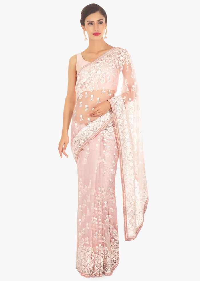 Crepe pink organza saree in white thread embroidered butti and border only on Kalki