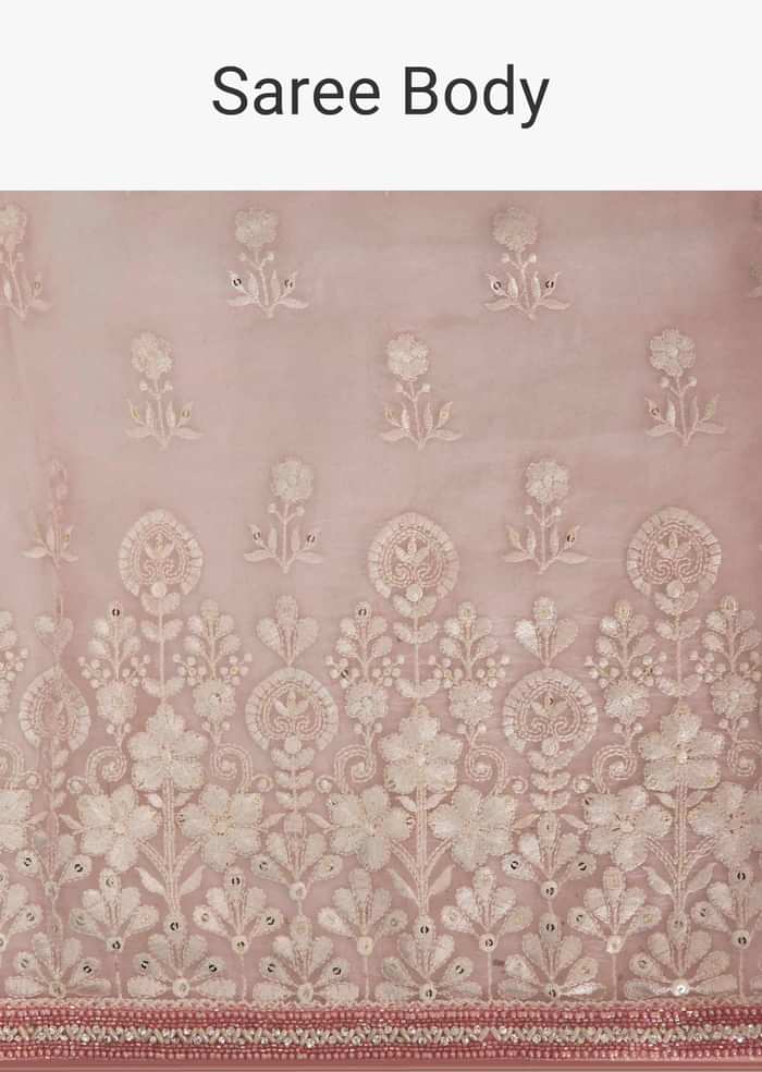 Crepe pink organza saree in white thread embroidered butti and border only on Kalki