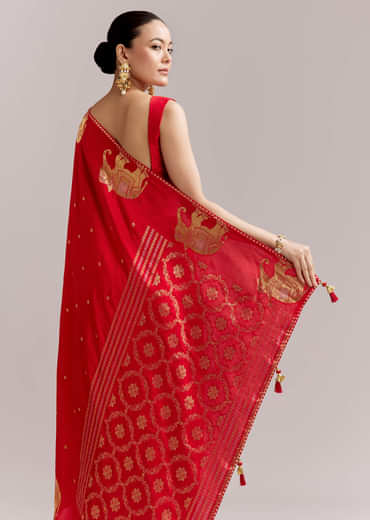 Crimson Red Chinon Woven Saree With Elephant Motifs