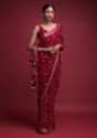 Crimson Red Saree In Chiffon Blend With Cut Dana And Kundan Embellished Moroccan Pattern Online - Kalki Fashion