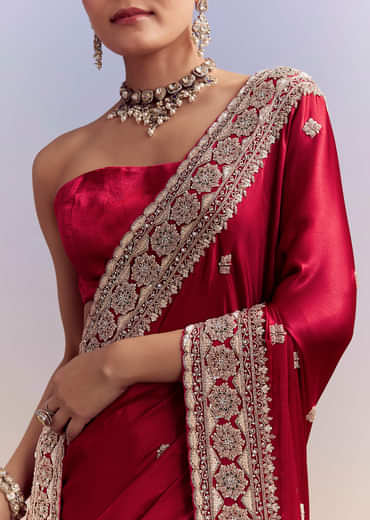 Crimson Red Satin Saree With Floral Border And Butti
