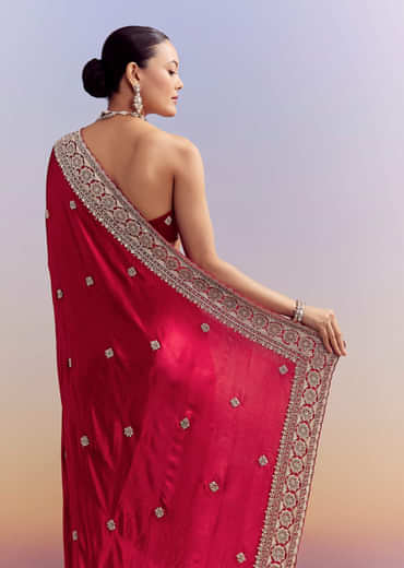Crimson Red Satin Saree With Floral Border And Butti