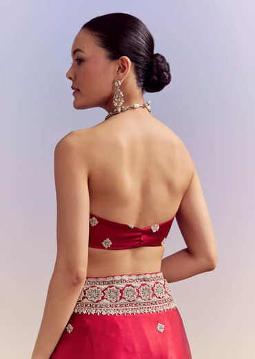 Crimson Red Satin Saree With Floral Border And Butti