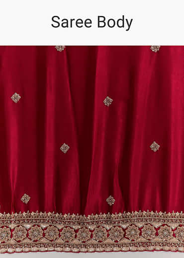 Crimson Red Satin Saree With Floral Border And Butti