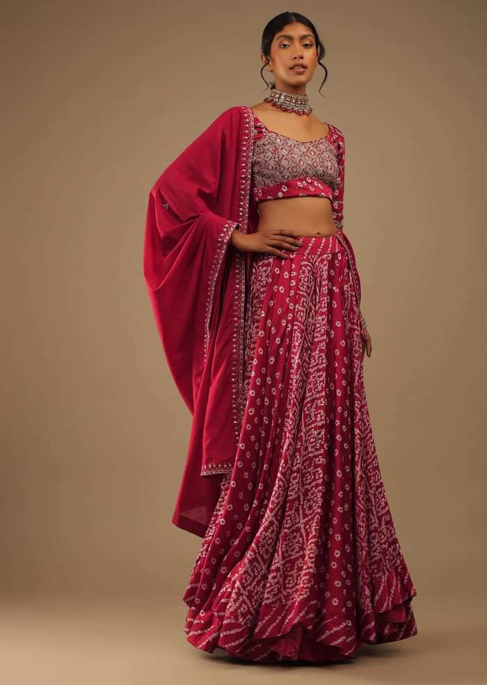Crimson Red Lehenga And Choli Set In Digital Bandhani Print, Choli Comes In Moti And Sequins Embroidery Buttis