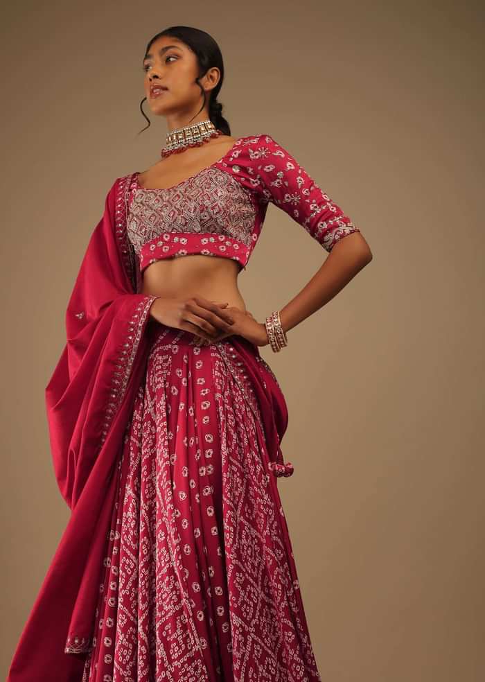 Crimson Red Lehenga And Choli Set In Digital Bandhani Print, Choli Comes In Moti And Sequins Embroidery Buttis