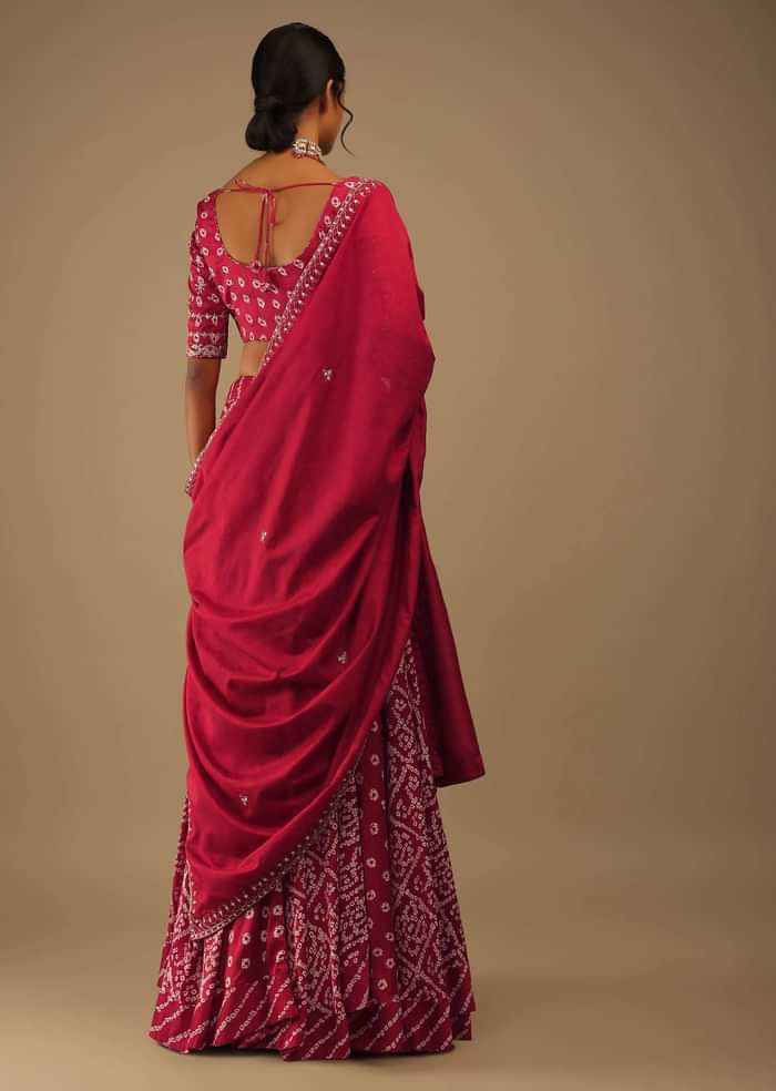 Crimson Red Lehenga And Choli Set In Digital Bandhani Print, Choli Comes In Moti And Sequins Embroidery Buttis
